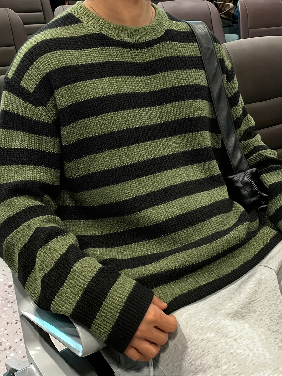 Spring/Autumn New Trendy Fashion Versatile Casual Men'S Knit Pullover Sweater, Easy Lazy Style Striped Aesthetic Casual Round Neck Sweater Long Sleeve, Office School Commute Vacation Street Dance Outfit - Olive Green Color