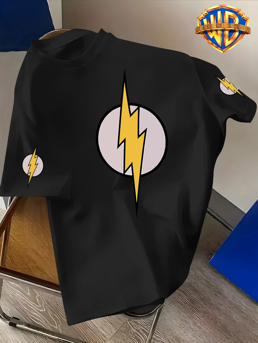 Warner Bros. Official Licensed DC Co-Branded The Flash Themed Printed T-Shirt, American Vintage Streetwear Washed Distressed Texture, Loose Fit Versatile Style, Suitable for Daily Outings and Outdoor Wear, Durable and Resistant to Deformation - Black