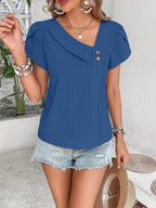 100% Pure Women'S Vacation Casual Short-Sleeve Shirt, Comfortable And Soft Fabric, Non-Sweaty, Flower Bud Sleeve Design with Gentle Girlish Feel, Suitable for Home Office, Commuting, Seaside, Beach, Travel Wear - Navy Color