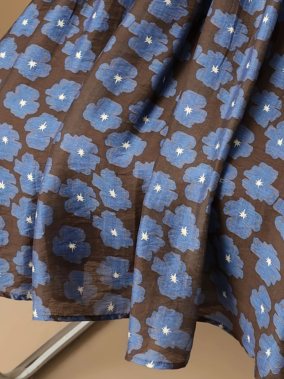 Blue Floral A-line Midi Skirt for Women with a Draped High-waist Design That Slims and Covers the Hips - Blue
