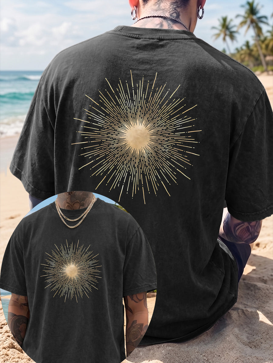 Men's Short-Sleeve T-Shirt, Pure Cotton, Loose Fit, Washed and Distressed, Sunburst Starlight Pattern, Trendy Reverse Double-Sided Print, Multiple Colors for Mix and Match, American Streetwear Hip-Hop High Street Top, for Daily Outings - Black