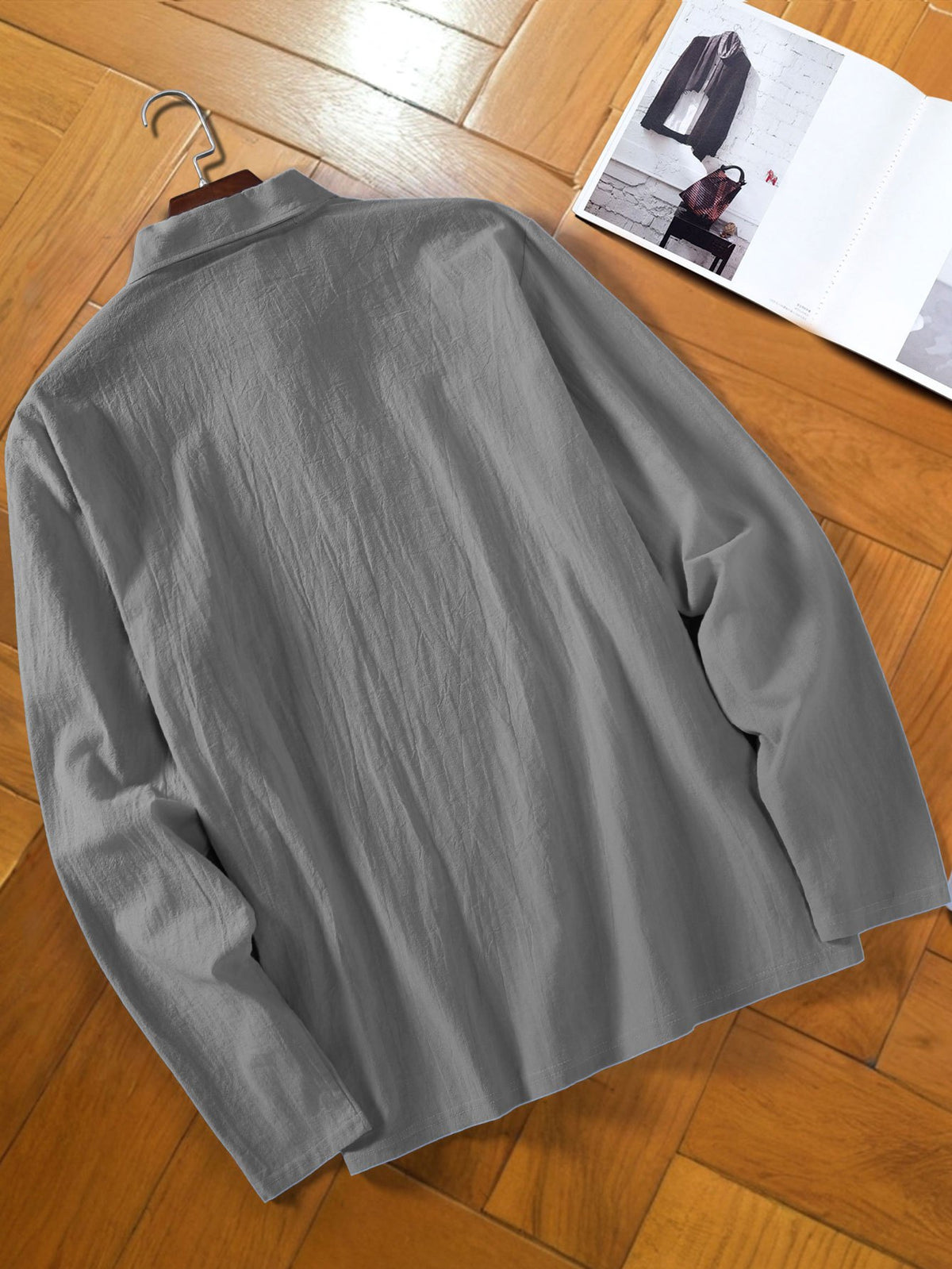 Men's Fashion Long-Sleeve Linen Shirt - Seaside Vacation Casual Top, Button-Up with Half-Open Placket, Lightweight, Loose, and Comfortable, Perfect as a Summer T-Shirt or Gift - Grey