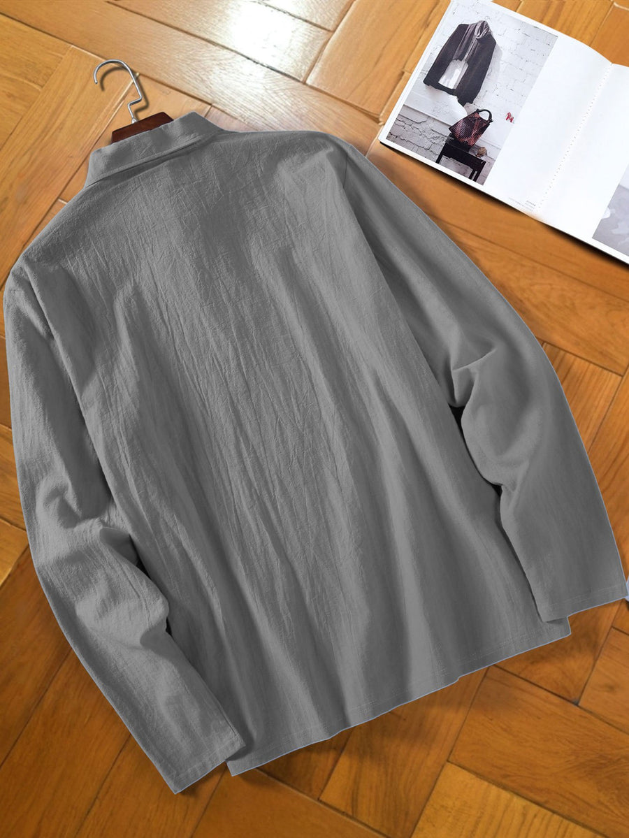 Men's Fashion Long-Sleeve Linen Shirt - Seaside Vacation Casual Top, Button-Up with Half-Open Placket, Lightweight, Loose, and Comfortable, Perfect as a Summer T-Shirt or Gift - Grey