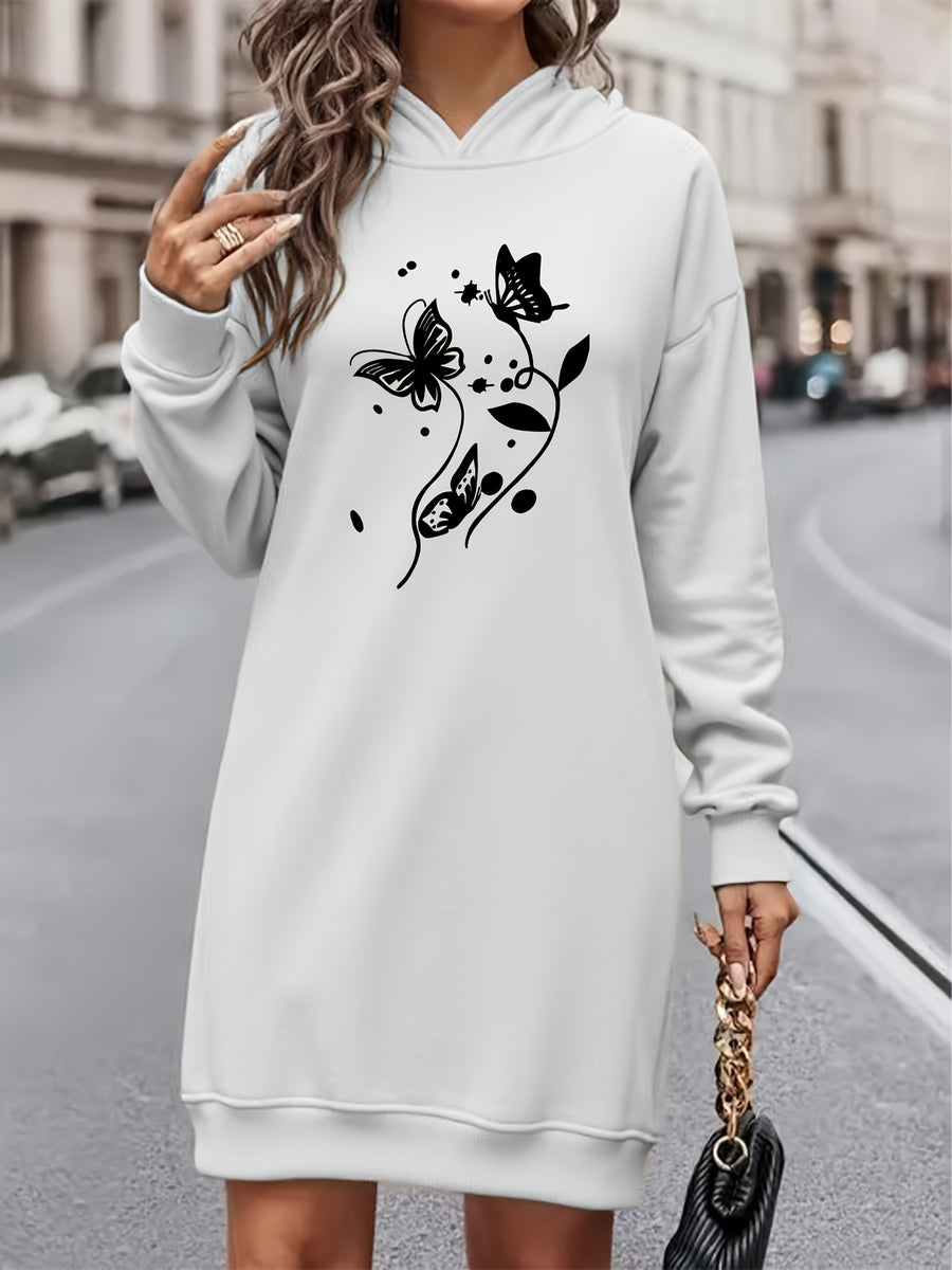 Women's Fashion Y Letter Print Hooded Sweatshirt Dress, Autumn/Winter High-End Stylish Streetwear Youthful -Lined Color-Block Hooded Sweatshirt, Casual Versatile Hoodie, Outerwear, Pullover, Long Sweatshirt, Elegant - White