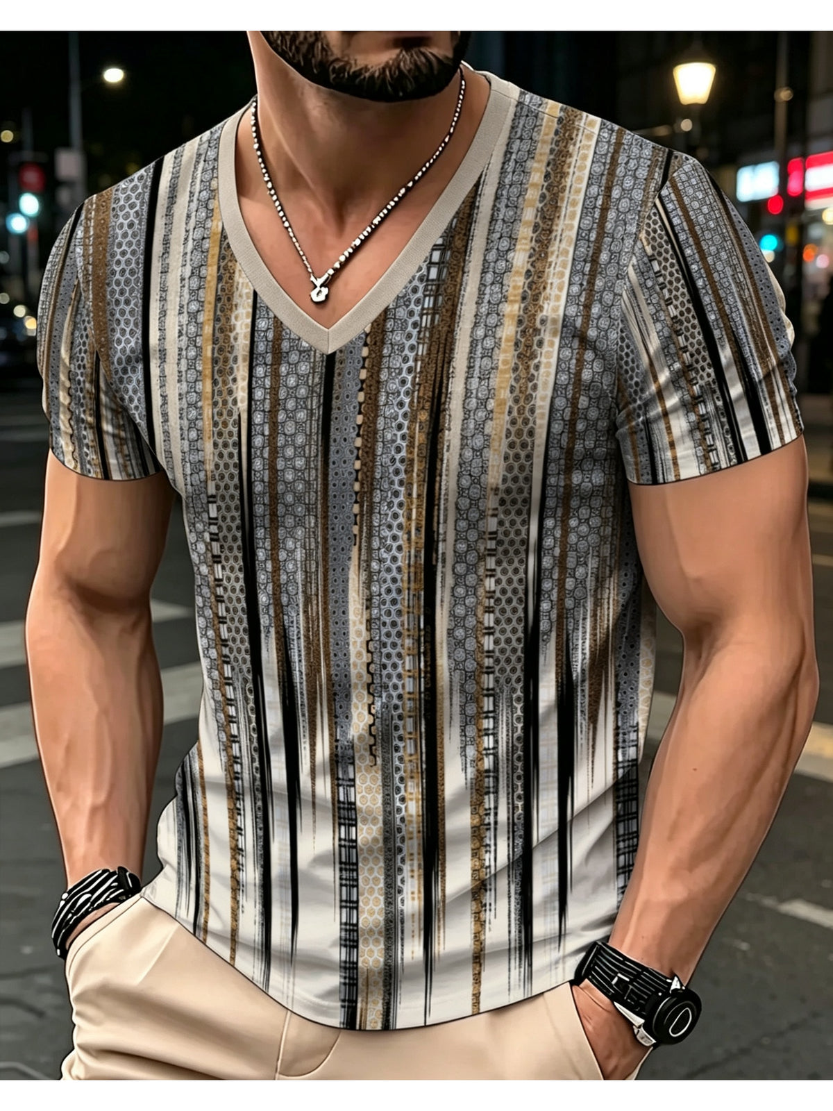 Men'S Fashionable Printed V-Neck Short-Sleeve T-Shirt, Lightweight And Breathable, Quick-Dry, Suitable for Daily Casual Wear, Sports, Street Style, Comfortable And Machine Washable. Men'S Short-Sleeve Shirt for Summer Outdoor Hiking, Fitness - Mixed Color