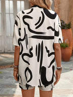 Vacation-style Geometric Print Short Set, Featuring a Front-open Short-sleeve Tunic and a Drawstring Loose-fit Shorts, Suitable for Spring and Summer, Women's Clothing - Multicolor