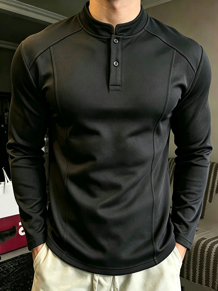 Men's Polo Shirt, Spring/Autumn Regular Shoulder Construction Patchwork Long Sleeve T-Shirt, Men's Three-Dimensional Sweatshirt, In-Stock Slim Fit Base Layer Shirt - Black