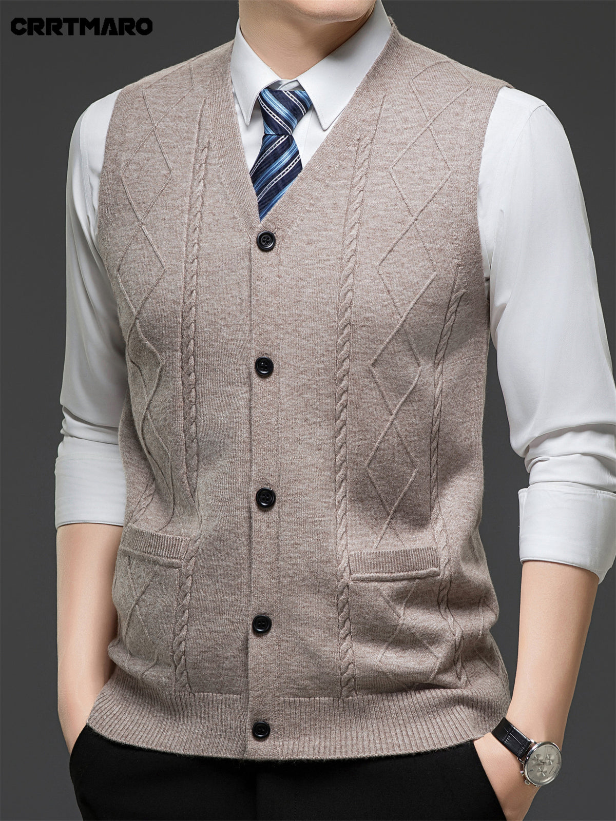 Men's Jacquard, Solid Color Knit Cardigan, Warm Casual Layering Top for Fall and Winter - Camel