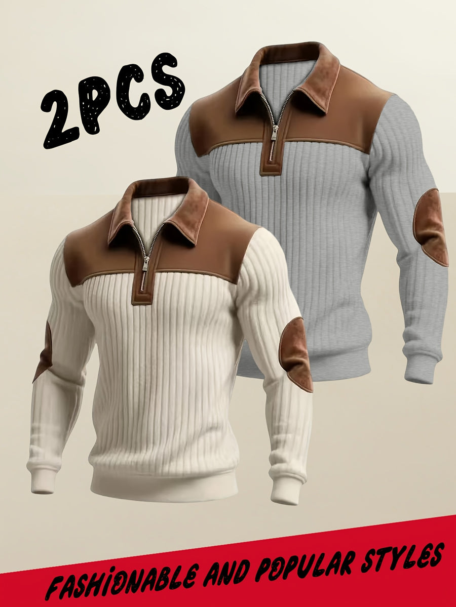 Men's Casual Long Sleeve Lapel Pullover with Patchwork Half-Zip Design, Two-pc, Multiple Colors Available, Men's Outdoor Casual Wear Suitable for Outdoor Sports and Vintage Casual Styling - Apricot+Gray