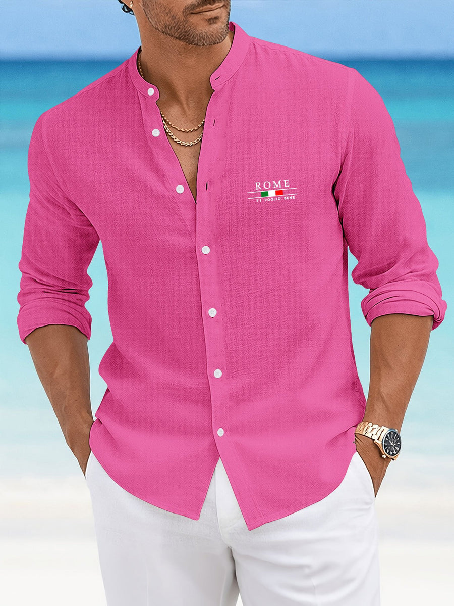 Men'S Casual Faux Linen Stand-Collar Long Sleeve Shirt, Breathable And Sweat-Absorbing Comfortable Fabric Blouse, Suitable for Outings, Parties, Beach Vacations, And Daily Wear, Machine Washable Regular Fit, Sweat-Resistant - Rose Red