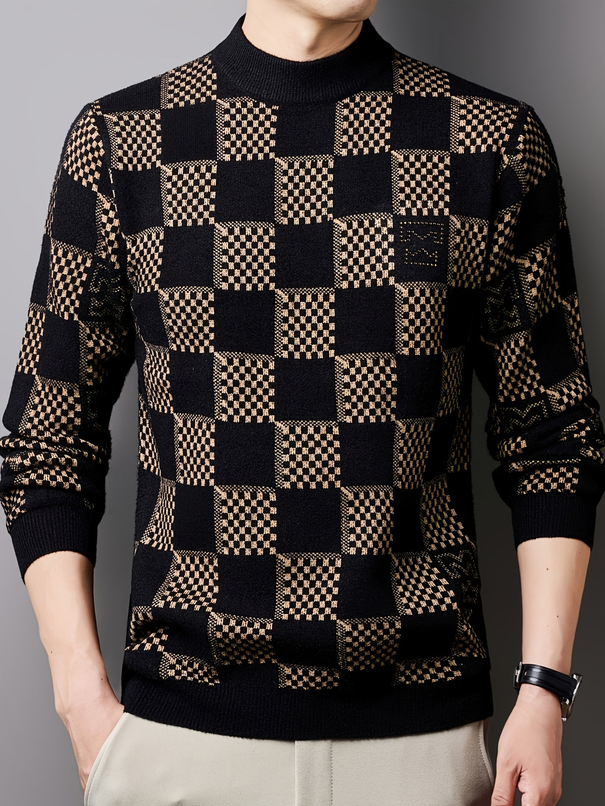 Men'S Sweater Pullover, Autumn Winter New Thick Warm Knit Top, Sequined Plaid Color-Block Men'S Shirt, Men'S Clothing 24709 - Beige Color