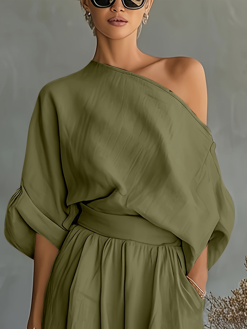 Women'S Fashion Elegant Women'S Easy Casual Short Loose Off-Shoulder Puff Sleeve Niche Top Oversized A-Line Half-Skirt Set - Olive Green