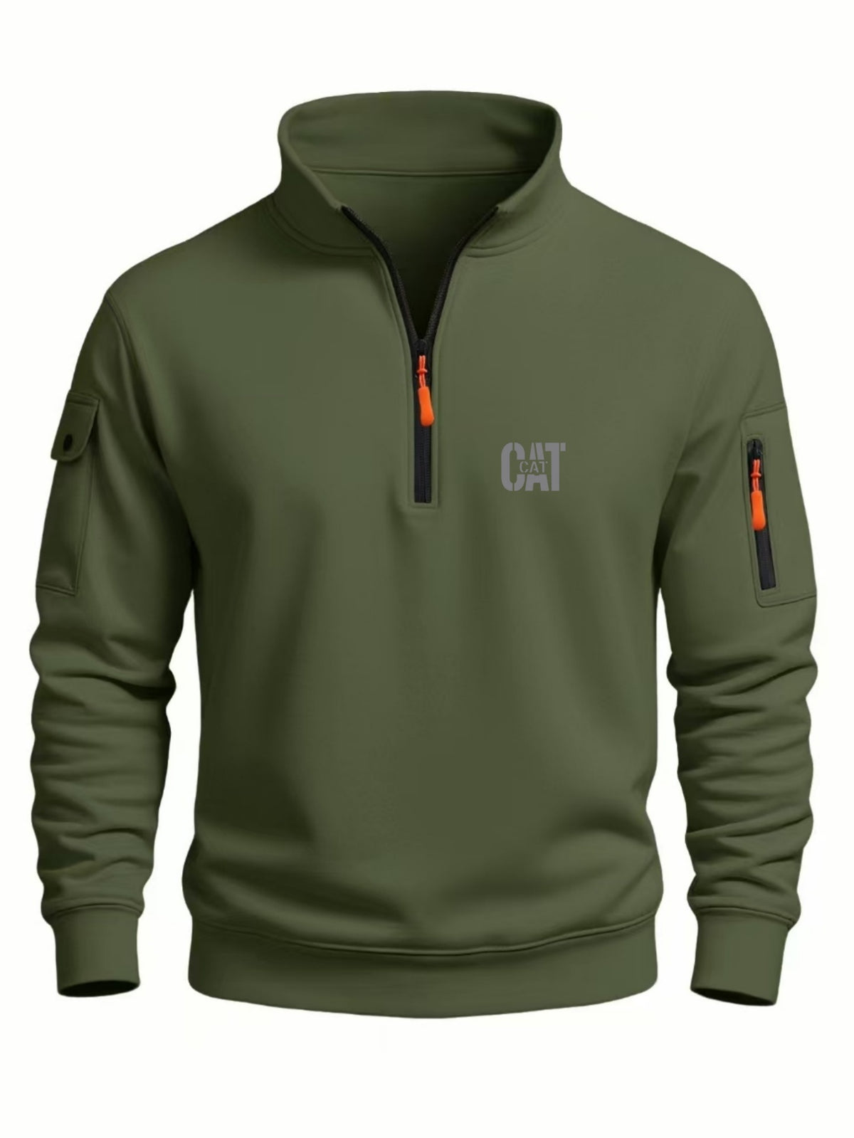 Spring and Autumn Men's Half-Zip Sweatshirt with Print, Loose Fit, Stand-Up Collar, Casual Sport Pullover - Military Green