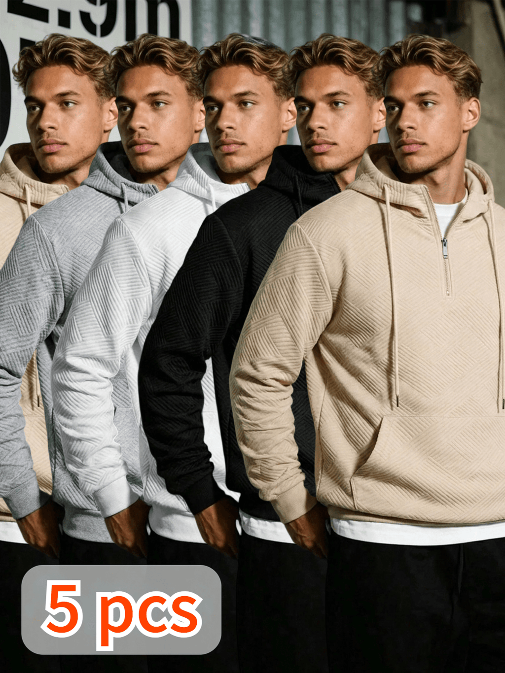 Men'S Casual Fashion Hooded Sweatshirt Autumn Winter 5pcs Set Soft Skin-Friendly Knit Fabric Half-Zip Drawstring Hood Kangaroo Pocket Diamond Jacquard Textured Fabric Ribbed Cuffs Casual Sports Street Daily Men'S Top Suitable for Daily Leisure Campu - White + Light Gray + Khaki + Black + Khaki