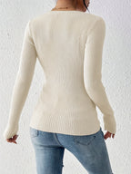 Front button solid ribbed sweater, elegant long-sleeve fitted cardigan, suitable for autumn and winter season, Women's clothing - Off-white