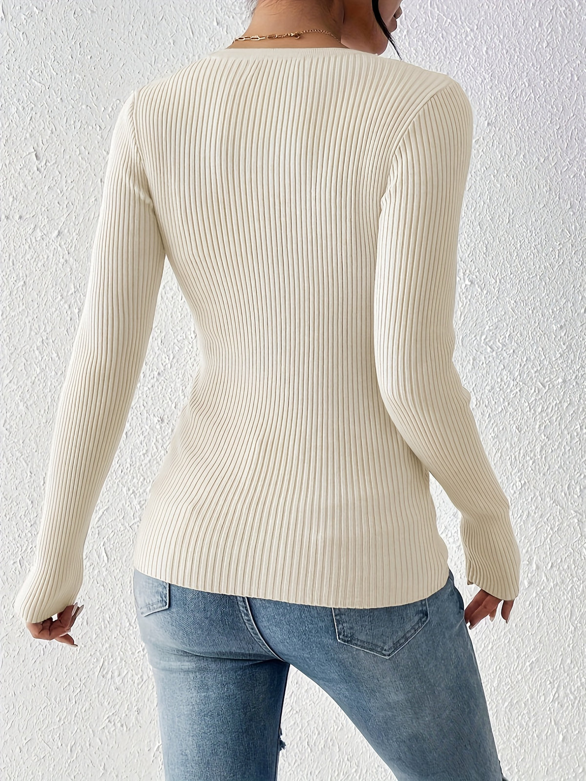 Front button solid ribbed sweater, elegant long-sleeve fitted cardigan, suitable for autumn and winter season, Women's clothing - Off-white