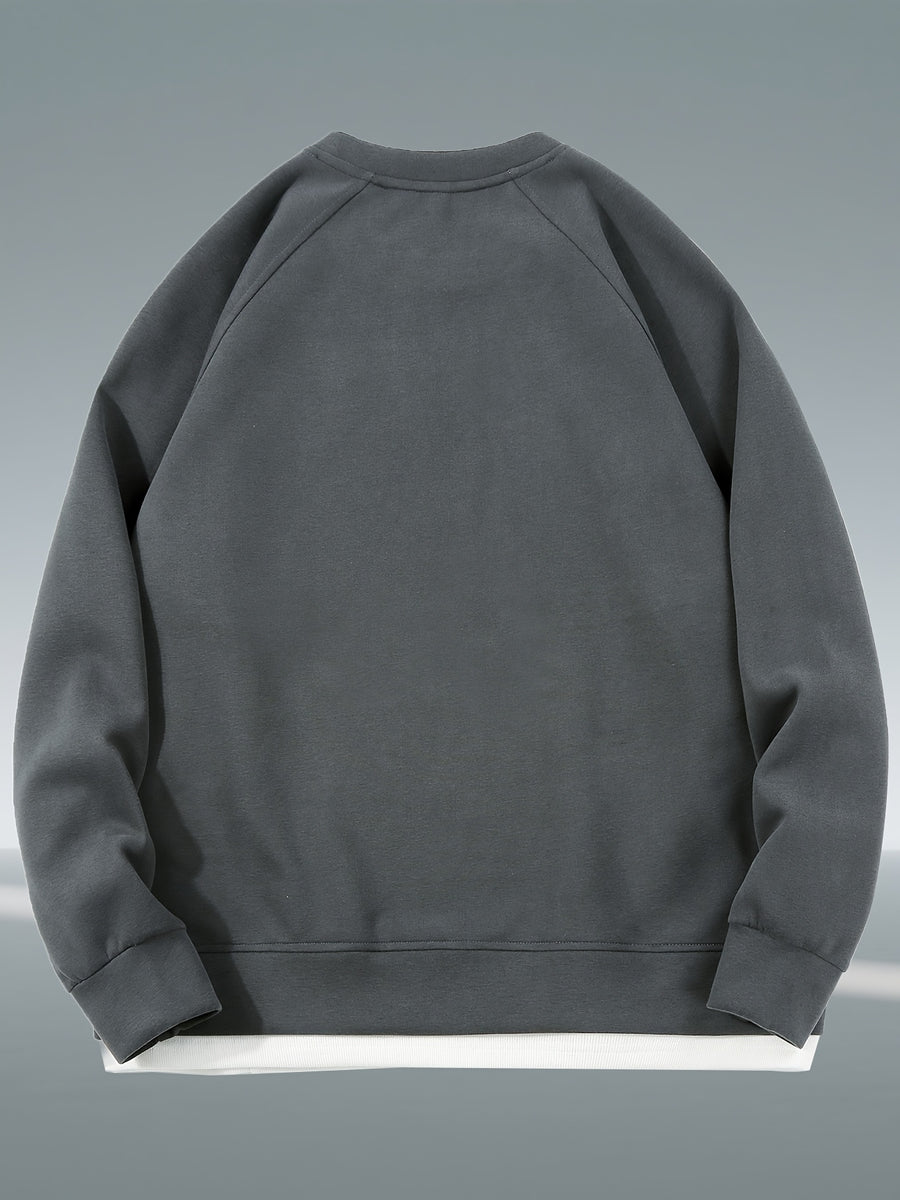 Autumn And Winter New Men'S Heavyweight 350G Fake Two-Piece Crew Neck Sweatshirt, Fashionable Raglan Sleeve Versatile Pullover, Loose Blend 67% + 33% Fiber Sports Sweatshirt - Dark Gray