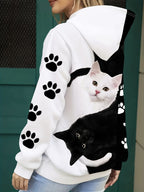 Women's Comfortable Cat Print Hoodie - Casual Long Sleeve Pullover, Machine Washable, Polyester - White