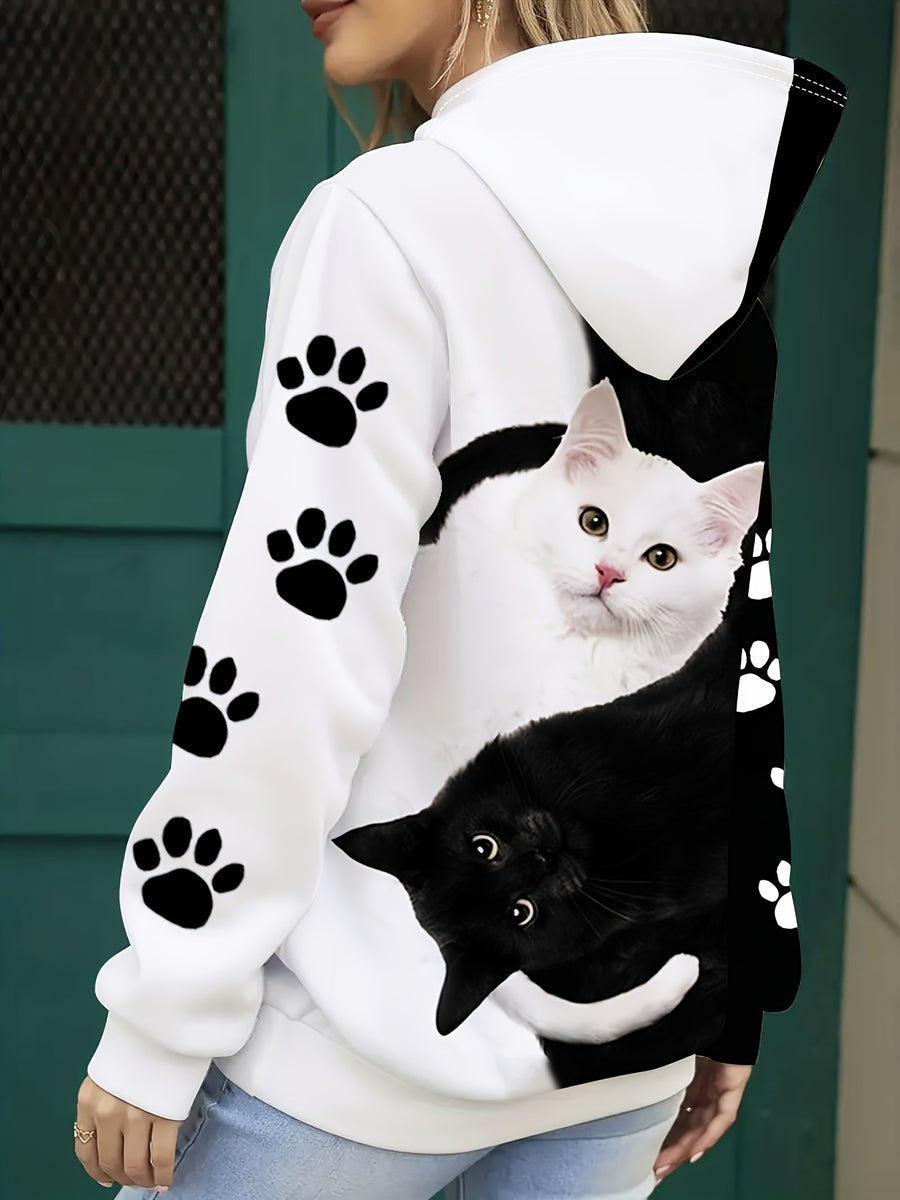 Women's Comfortable Cat Print Hoodie - Casual Long Sleeve Pullover, Machine Washable, Polyester - White