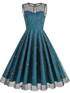 Women's Round Neck Sleeveless Mesh Embroidered Dress for Vacation, Elegant Gatherings, Parties, Floral Wedding Season, Back-to- Season, and Dates - Green