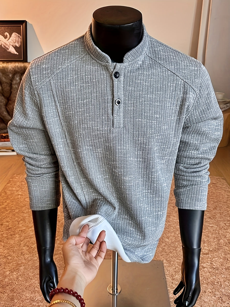 Autumn/Winter Striped Men's Loose Long Sleeve Casual Stand Collar -Lined - Gray Green
