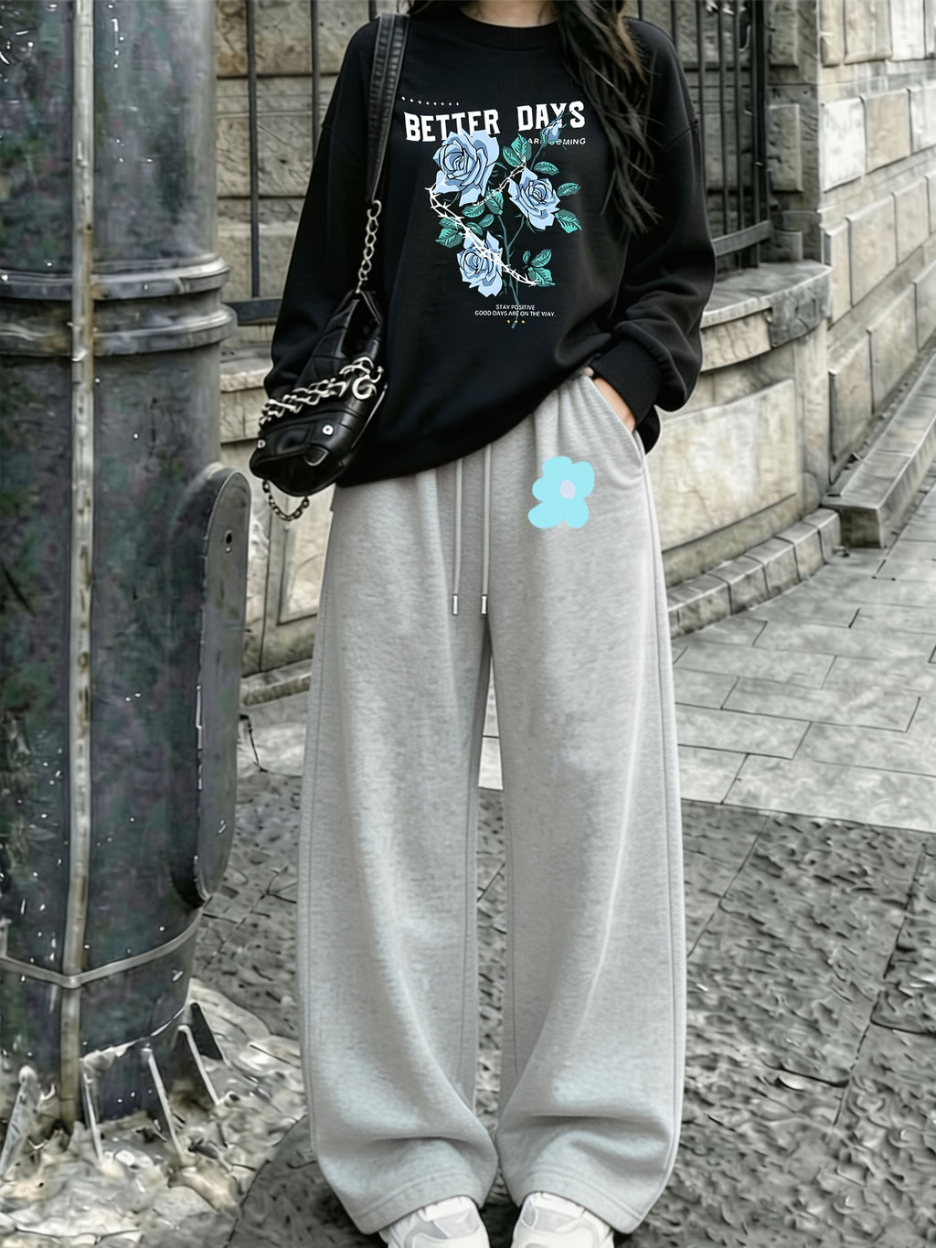 Women's Better Days Blue Rose Thorn Floral Print 2pcs Set, Round Neck Long Sleeve Loose Sweatshirt + Drawstring Wide-Leg Sweatpants, Vintage-Inspired Autumn Casual Streetwear Loungewear Sportswear Set - Deep Grey