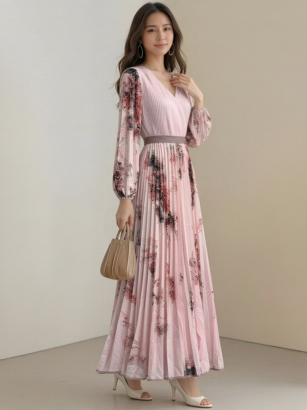 2026 Autumn Women'S Bow Tie Lace Floral Print V-Neck Long Sleeve Waist-Cinching Pleated Elegant Classic Dress, Banquet Evening Dress, Wedding Guest, Bridesmaid, Long Dress - Pink Color