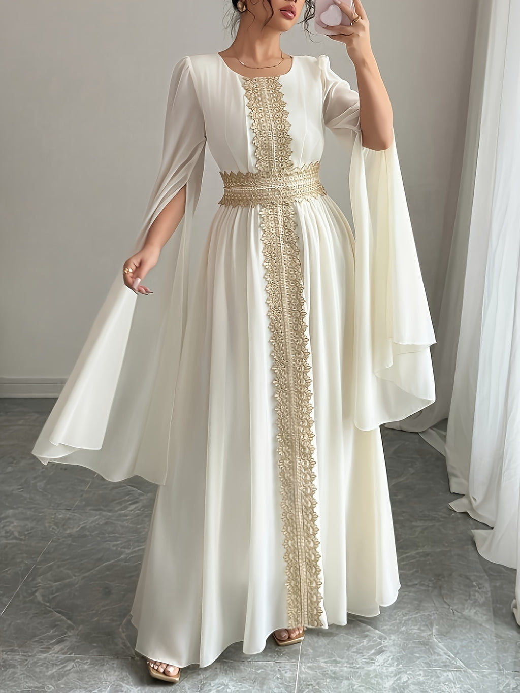 Women'S Autumn/Winter Solid Color Sequin Patchwork Tie Long Sleeve Split Chiffon Dress - Apricot