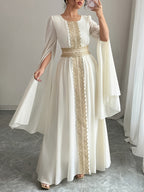 Women'S Autumn/Winter Solid Color Sequin Patchwork Tie Long Sleeve Split Chiffon Dress - Apricot