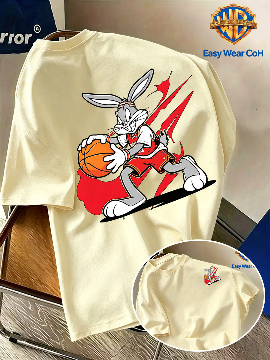 Warner Bros. Authentic Preppy Style Men's Short-Sleeve T-Shirt, Core Theme Ink Splatter Graffiti Sports Basketball Dribbling Cartoon Creative Print, Full of Dynamic Energy and Youthful Sporty Vibe, Skin-Friendly and Comfortable Fabric - Apricot