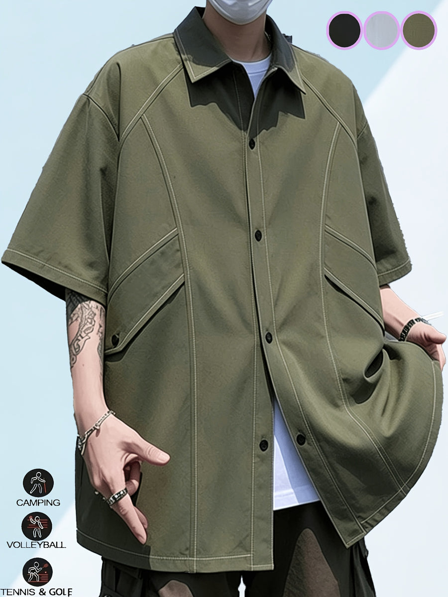 Zhiyu OBM Men's Multi-Color Workwear Short-Sleeve Shirt Jacket, Functional Topstitch Design Casual Outdoor Shirt, Cool and Stylish Must-Have Shirt Jacket for Boys - Olive Green