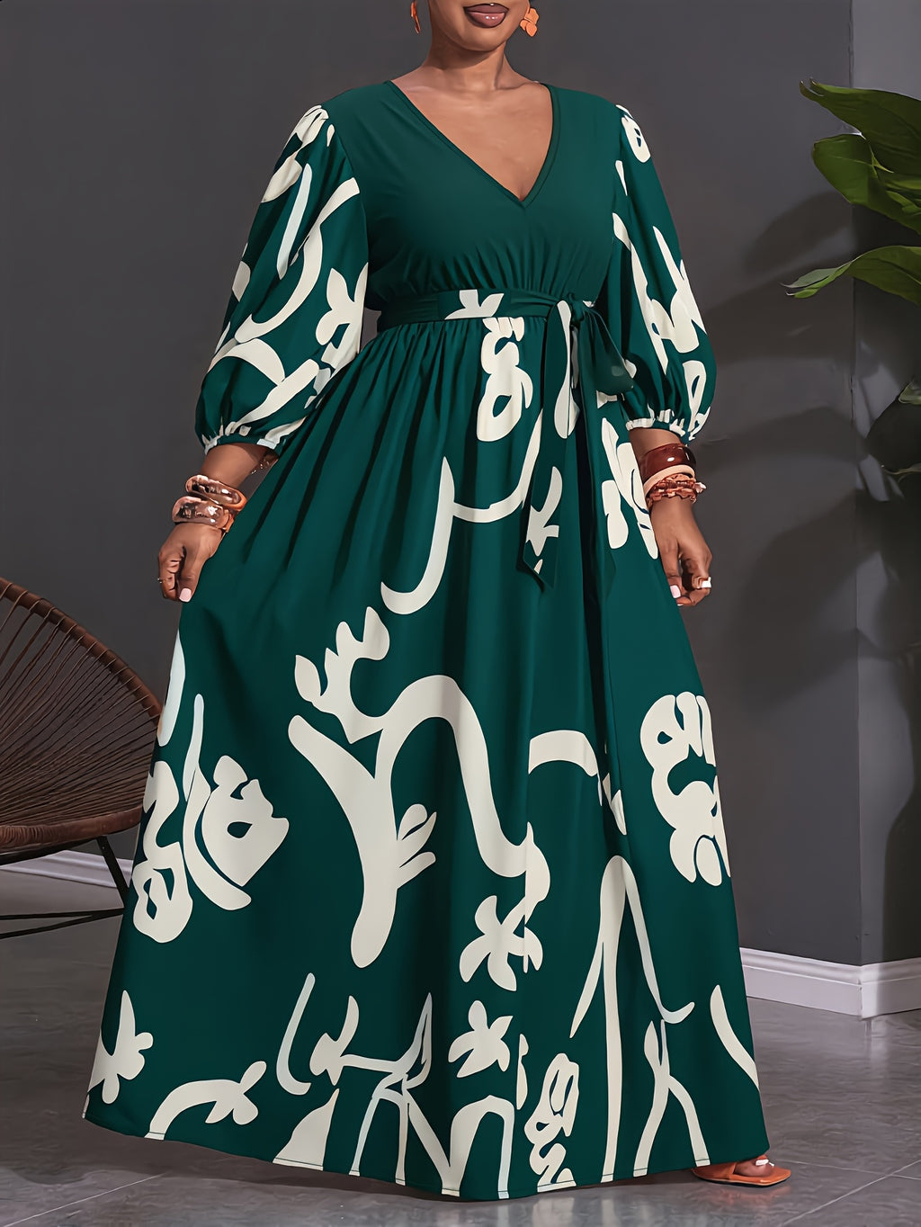 Plus Size Abstract Print V-Neck Lantern Sleeve Midi Dress, Women'S Tie-Waist A-Line Flowy Casual Party Long Dress - Green