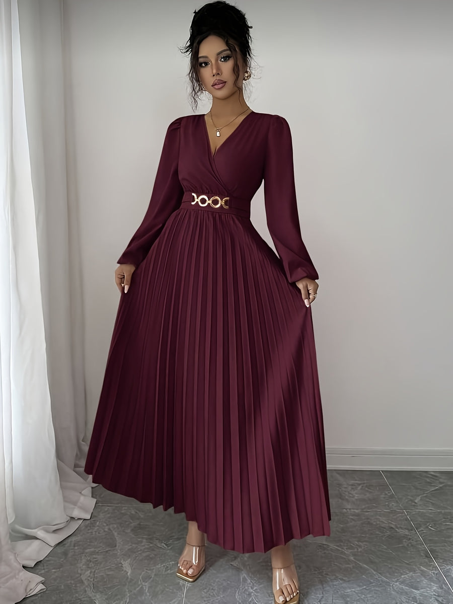 A Solid Color Elegant Dress with a Fitted Waist And Metallic Chain Decoration, Featuring a V-Neck And Pleated Hem, Suitable for Spring, Summer, And Autumn - Deep Red