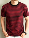 Classic Striped Durable Round Neck T-Shirt, Casual And Versatile, Slimming Top - Red And Black Stripes
