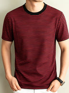 Classic Striped Durable Round Neck T-Shirt, Casual And Versatile, Slimming Top - Red And Black Stripes
