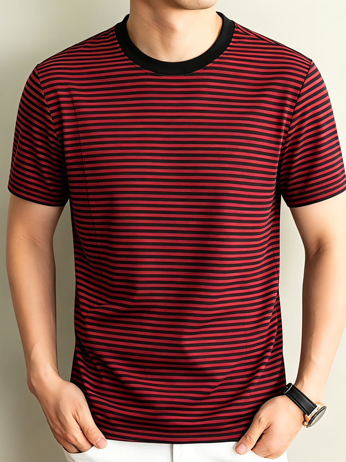 Classic Striped Durable Round Neck T-Shirt, Casual And Versatile, Slimming Top - Red And Black Stripes