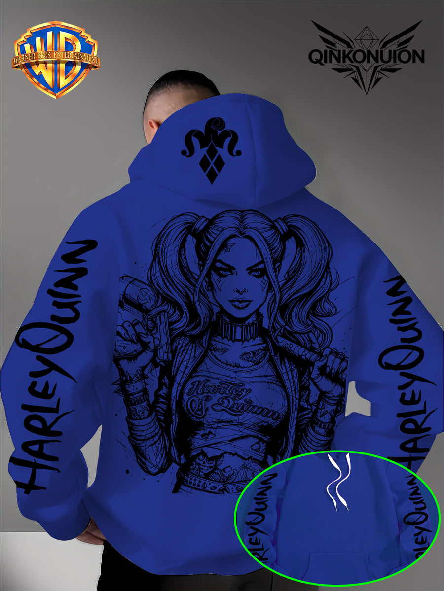 Warner Official Men'S Hoodie, Black And White Thread Draft Double Ponytail Quinn Hardcore Comic Print Design, Machine Washable, Warm And Casual for Autumn And Winter, Daily Drawstring Hoodie, Multi-Functional Sports And Leisure Loose Fit - Blue