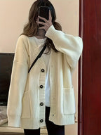 Casual V-Neck Single-Button Sweater Women'S Fall Winter Outerwear Top - Off-white