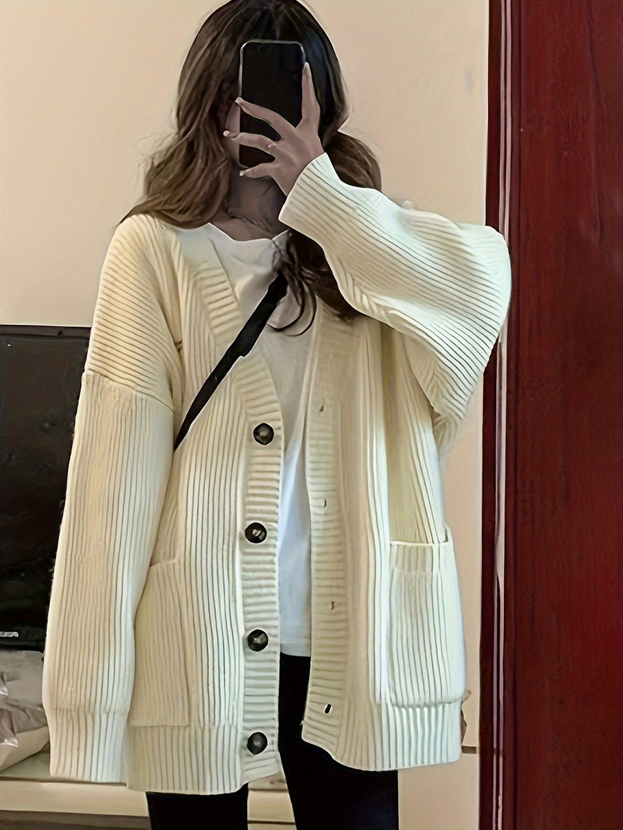 Casual V-Neck Single-Button Sweater Women'S Fall Winter Outerwear Top - Off-white