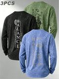 Versatile Basic 3pcs Set Distressed Long-Sleeve Men's Washed Crew Neck Daily Commute Casual Long-Sleeve Top - Black+light Blue+green