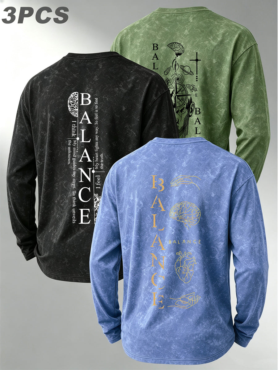 Versatile Basic 3pcs Set Distressed Long-Sleeve Men's Washed Crew Neck Daily Commute Casual Long-Sleeve Top - Black+light Blue+green