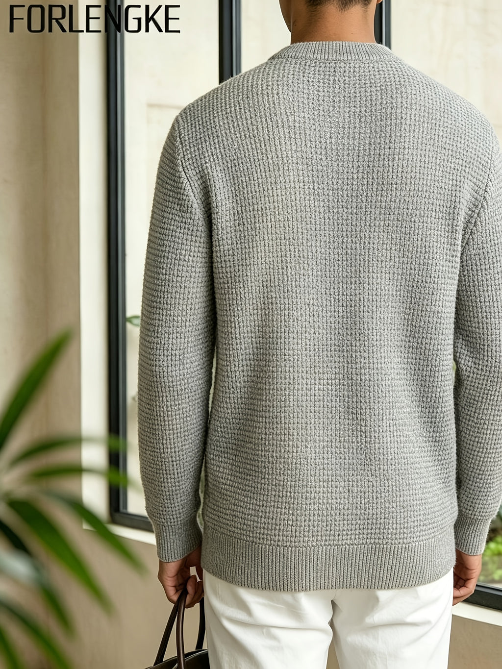 FORLENGKE Autumn/Winter New Arrival Men's American Manor Vintage Style Henley Neck Knit Sweater, Vertical Cable Waffle Knit Patchwork Texture, Regular Shoulder Fitted Cut, Autumn/Winter Manor Vacation Countryside Stroll Coffee Break Daily Streetwear - Clip Grey