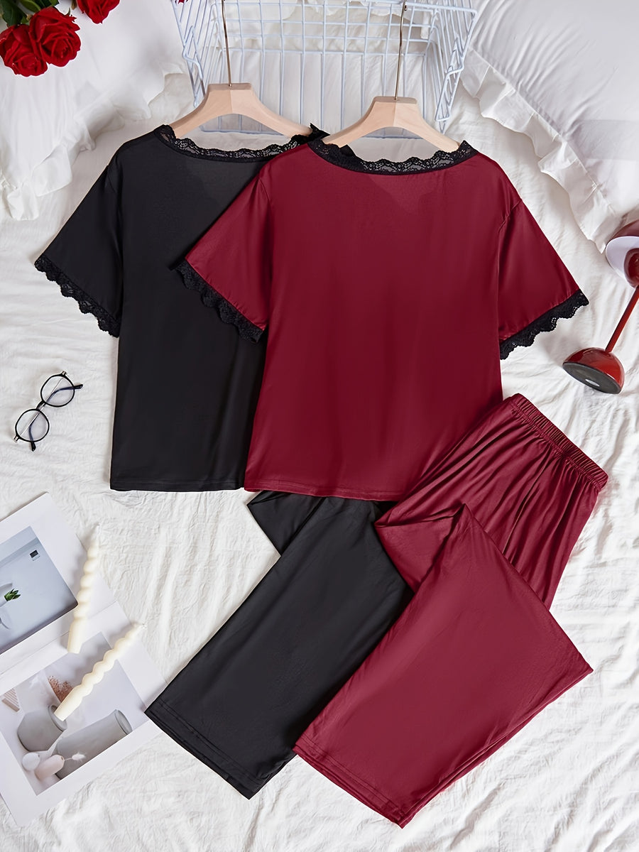 Autumn Plus Size Lace Trim Long Sleeve And Pants Set 2pcs Outfit - Mixed colors