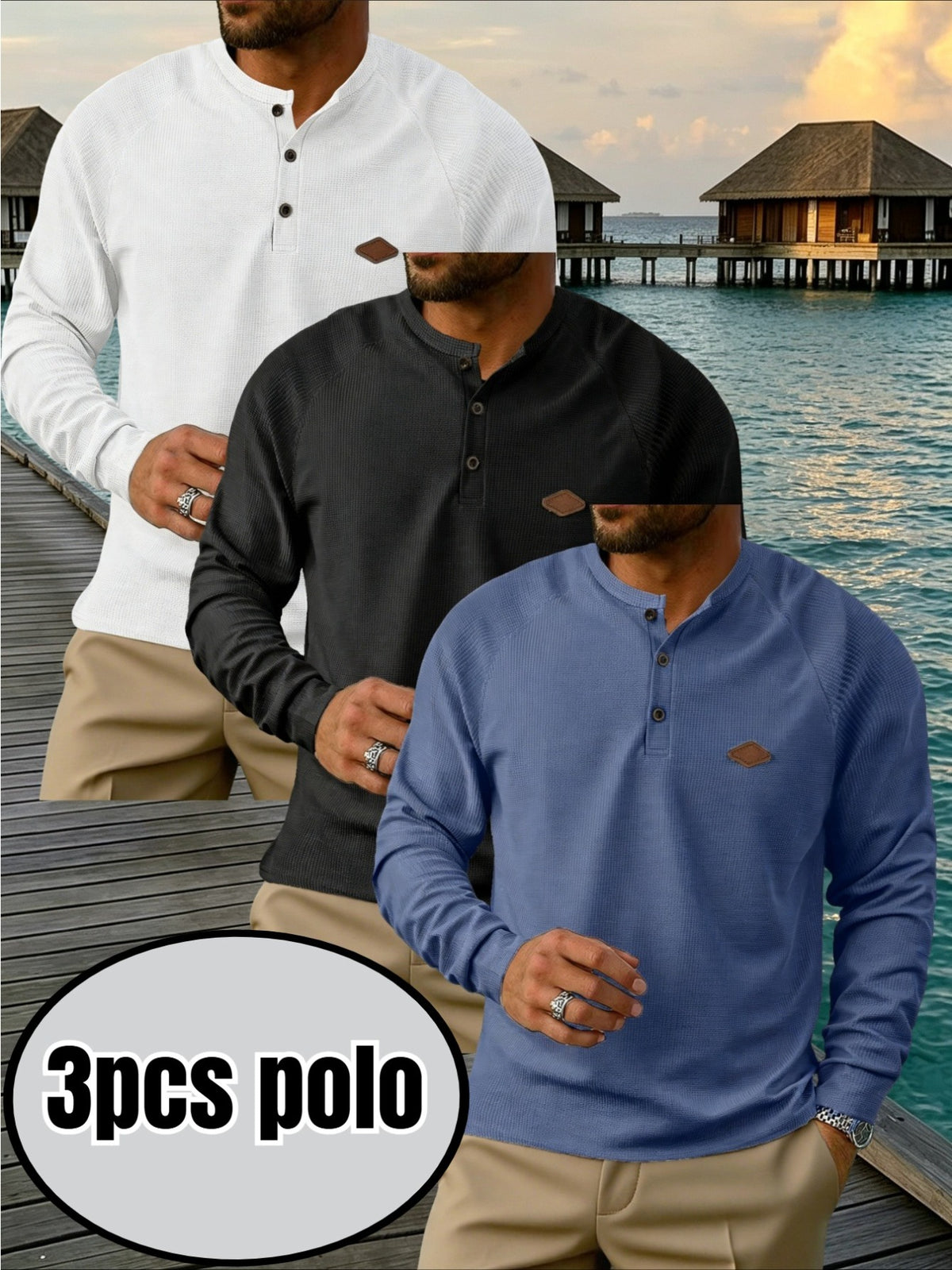 Men's 3pcs Raglan Henley Collar Waffle Long Sleeve Shirt, Soft High-Stretch Breathable Textured Polo, for Beach Vacation, Daily Outdoor Wear, Loose Fit, Multi-Color, Street Style, Half-Button Placket - White + Black + Navy Blue
