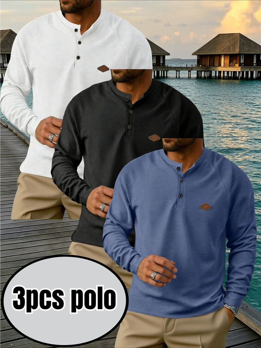 Men's 3pcs Raglan Henley Collar Waffle Long Sleeve Shirt, Soft High-Stretch Breathable Textured Polo, for Beach Vacation, Daily Outdoor Wear, Loose Fit, Multi-Color, Street Style, Half-Button Placket - White + Black + Navy Blue