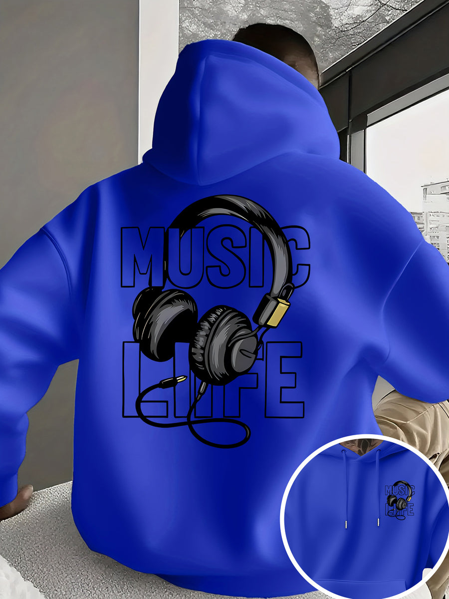 Men's New Trendy Hoodie, Casual Daily Drawstring Hooded Sweatshirt with MUSIC Print, Headphones, Front Kangaroo Pocket, Men's Top - Blue