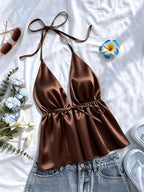1pc Solid Color Spring Summer Beach Vacation Casual Satin Ruffled Cami Top - Coffee Brown