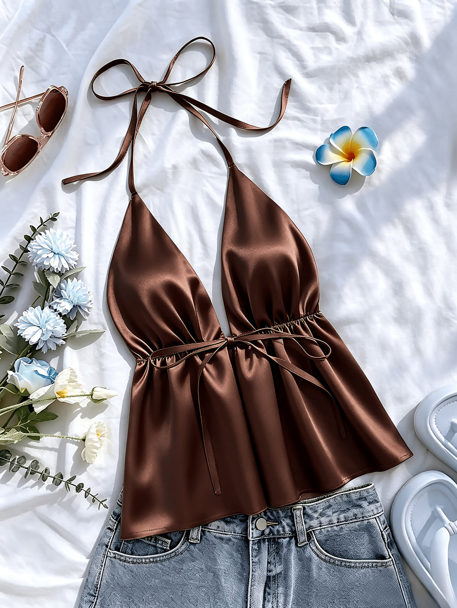 1pc Solid Color Spring Summer Beach Vacation Casual Satin Ruffled Cami Top - Coffee Brown