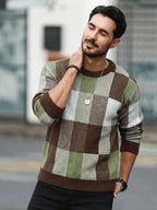 Men'S Casual Color-Block Checkered Design Loose Knit Pullover, Trendy Blocked Long Sleeve Round Neck Sweater, Suitable for Fall Winter Wear, Fashion Statement Piece - Olive