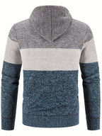 Warm Zip Up Hooded Fleece Jacket Sweater, Men's Casual Slightly Stretch Color Block Cardigan For Fall Winter - Light Blue